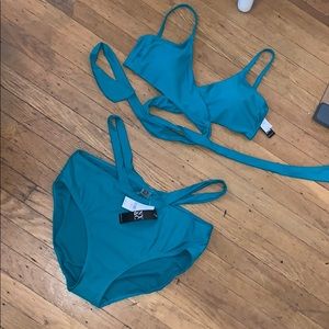 Strappy high waisted teal swim suit